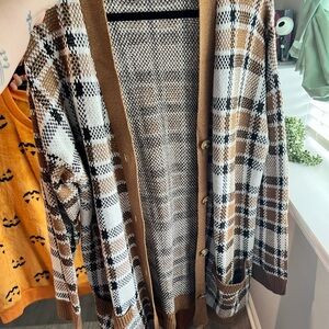 No Boundaries Brown, Black & White Plaid Knit Cardigan